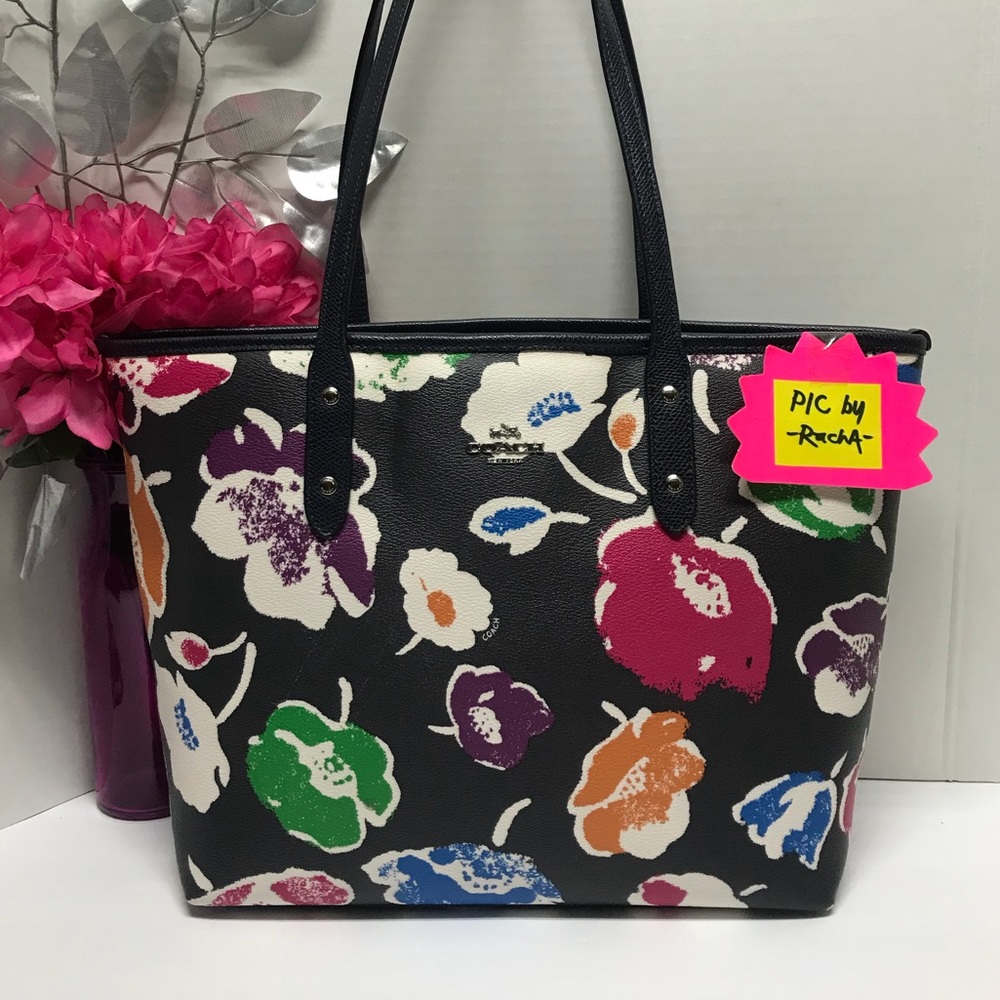 COACH Black Rainbow Floral City Zip Tote Purse Shoulder Hand Bag, Creed  # 37266